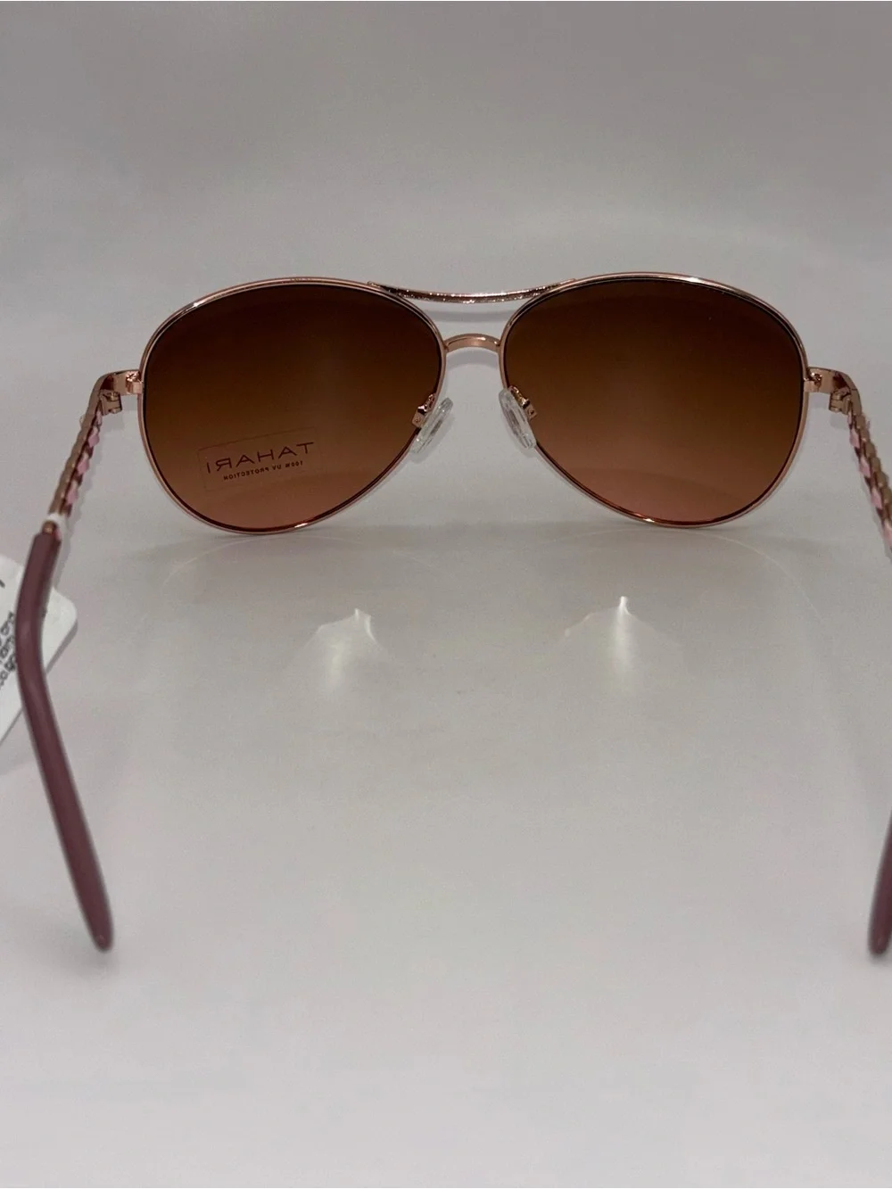 NWT Tahari Aviator Sunglasses Rose Gold Pink Chain Detail Brown Gradient